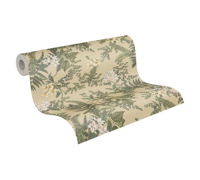 Tapete mit floralem Muster aus Farnen und Blüten