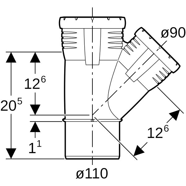 Technische Zeichnung eines Y-Abzweigrohrs mit Hauptdurchmesser 110, Abzweigdurchmesser 90 und verschiedenen Längenmaßen.