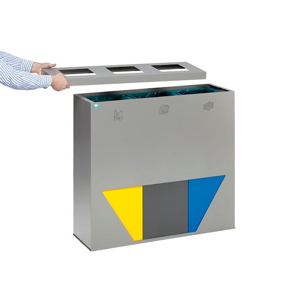 Abfalltrennsystem aus Metall mit drei Fächern für die Mülltrennung und abnehmbarem Deckel mit Einwurföffnungen.