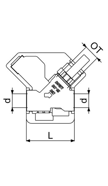 Technische Zeichnung eines Schrägsitzventils mit Maßangaben für Durchmesser, Länge und Oberteil sowie Kennzeichnungen für Nenndurchmesser und Normen.