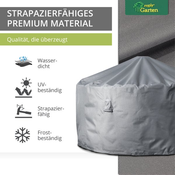 Mehr Garten - Premium Gartentisch-Schutzhülle rund: Ø155x71(H) cm I Robuste Abdeckung für Gartentische wasserdicht und wetterfest aus Oxford 600D Gewebe I Lichtgrau