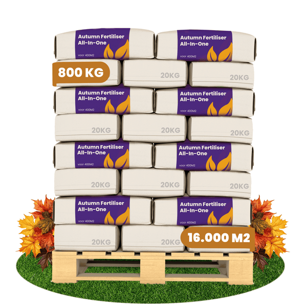 Palette mit 40 Säcken Herbstrasendünger All-In-One, 800 Kilogramm Gesamtgewicht, für eine Rasenfläche von 16000 Quadratmetern.