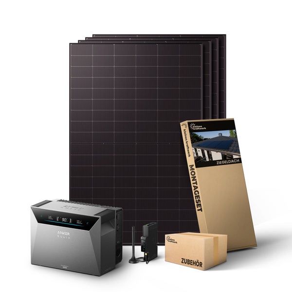 Balkonkraftwerk Set mit vier Solarmodulen, Anker Solix Speicher, Montageset für Ziegeldächer und Zubehör von Kleines Kraftwerk.