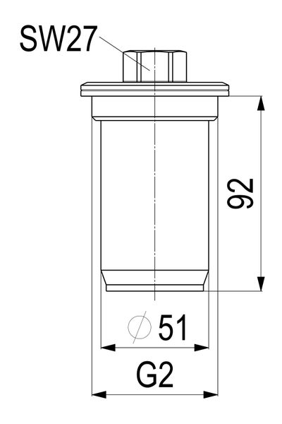 Technische Zeichnung eines Bauteils mit Schlüsselweite 27, Länge 92, Durchmesser 51 und Gewinde G2.