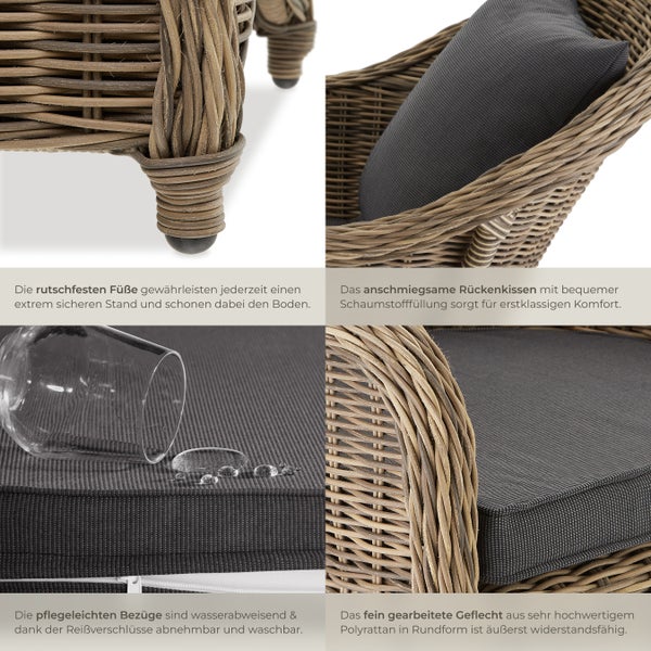 Detailansichten eines Sessels aus Polyrattan mit wasserabweisenden Bezügen und rutschfesten Füßen