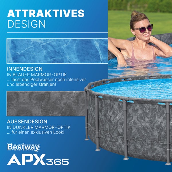 Bestway APX365 Frame Pool mit Frau im Wasser, Innendesign in blauer Marmor-Optik und Außendesign in dunkler Marmor-Optik. Bestway Logo.
