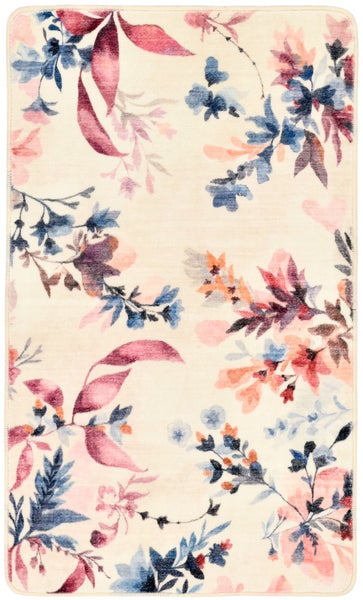 Teppich mit floralem Muster aus Blumen und Blättern in Rosa, Blau und Orange.