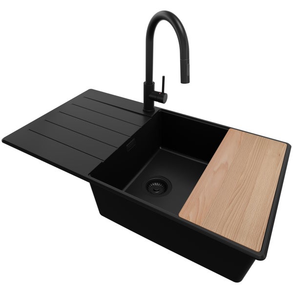 PRIMAGRAN Granitspüle Alles Schwarz 90x50cm, Spülbecken 1 Becken + Küchenarmatur 40x20cm + Ablauf-Set + Schneidebrett, Küchenspüle ab 60er Unterschrank - Kopenhagen