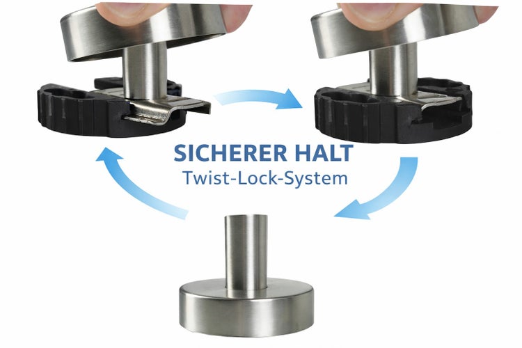 Visualisierung des Twist-Lock-Systems für sicheren Halt und einfache Montage von Edelstahl-Komponenten.