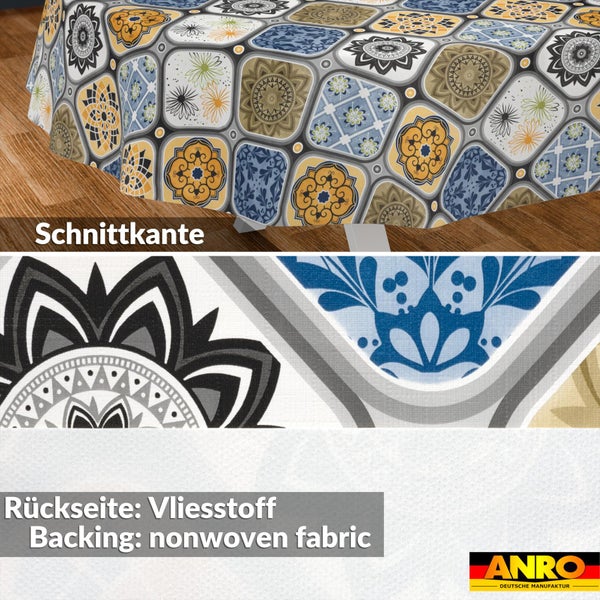 Wachstuch mit orientalischem Fliesenmuster, Schnittkante und Rückseite aus Vliesstoff, ANRO Logo.