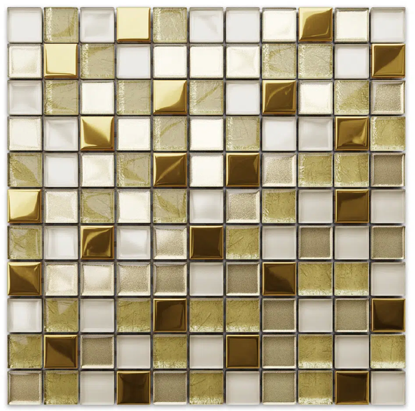 Quadratische Glasmosaik-Fliesenmatte in Gold, Weiß und Bronze mit glänzenden, matten und strukturierten Oberflächen.
