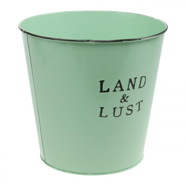 Blumentopf aus Metall mit Aufschrift Land und Lust