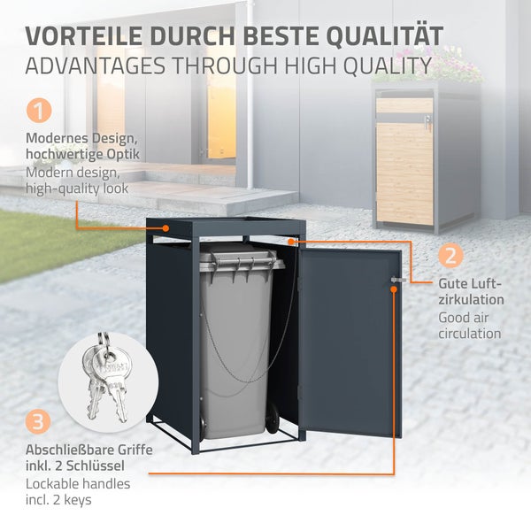 ML-Design Mülltonnenbox 1er mit Pflanzdach für 1 Tonne, 240L, 68x80x124 cm, Lärchenoptik, Stahl, wetterfest, Abschließbare Mülltonnenverkleidung mit Tür, Müllbox Mülltonnecontainer Mülltonnenabdeckung
