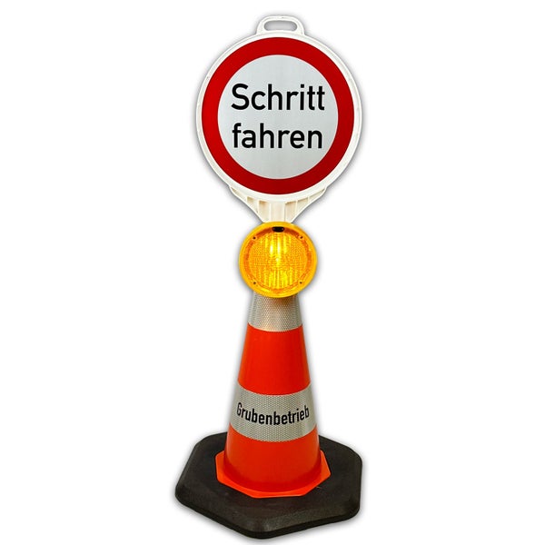 Leitkegel Leitsystem mit Warnlicht UvV CONY und Hinweisschild / 70 cm Kegel + Warnleuchte + Schild Schritt fahren