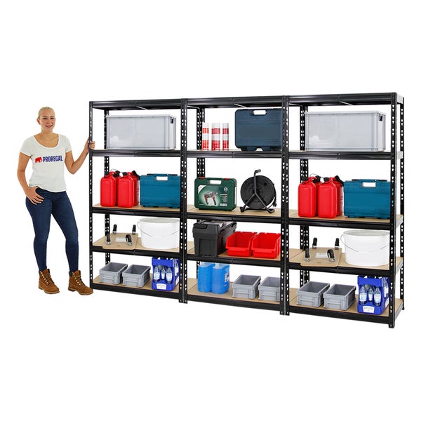PROREGAL Mega Deal 3x Schwerlastregal Tiger HxBxT 180 x 90 x 45 cm Fachlast 265 kg 5-Ebenen Schwarz