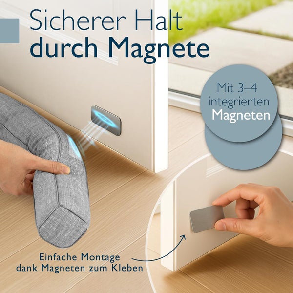 Grauer Zugluftstopper aus Stoff mit integrierten Magneten für eine einfache Montage an der Tür mittels selbstklebender Metallplättchen.
