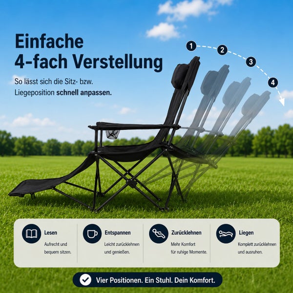 Klappbarer Campingstuhl mit vierfach verstellbarer Rückenlehne für verschiedene Sitz- und Liegepositionen, inklusive Fußstütze und Getränkehalter.