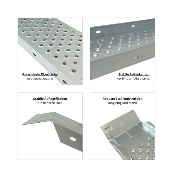 Detailansicht einer Stahlrampe mit rutschfester gelochter Oberfläche, stabilen Seitenkanten, sicheren Auflageflächen und robuster Stahlkonstruktion.