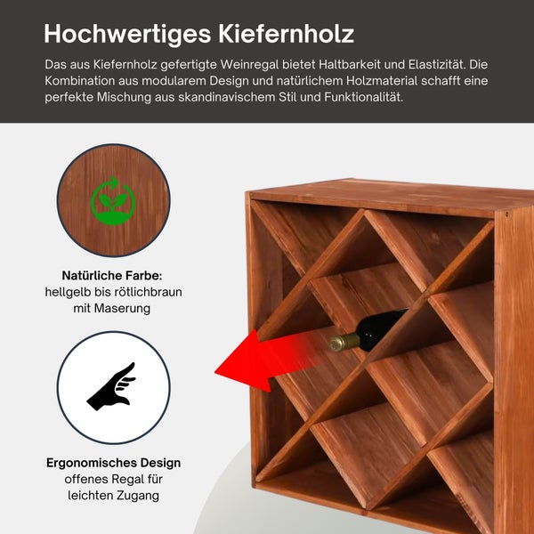 Weinregal aus hochwertigem Kiefernholz mit X-Fächern für Flaschen, ergonomisches offenes Design für leichten Zugang und natürliche Optik.
