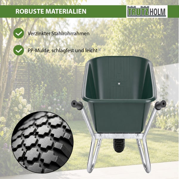 Trutzholm Schubkarre mit verzinktem Stahlrohrrahmen und schlagfester Polypropylen Mulde sowie profilierter Bereifung für den Garten.