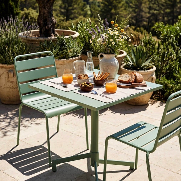 Grünes Gartenmöbel-Set aus Metall mit quadratischem Tisch und zwei Lattenstühlen auf einer sonnigen Terrasse mit Pflanzen.