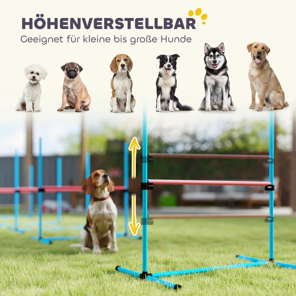 Höhenverstellbare Agility-Hürde für Hunde im Garten mit Darstellung verschiedener Hunderassen von klein bis groß.