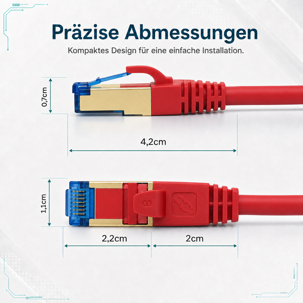 RJ45-Stecker Abmessungen: Höhe 0,7 Zentimeter, Gesamtlänge 4,2 Zentimeter, Breite 1,1 Zentimeter, Steckerlänge 2,2 Zentimeter.