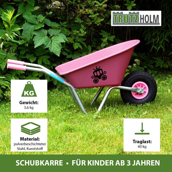 Kinderschubkarre aus pulverbeschichtetem Stahl und Kunststoff mit einem Gewicht von 3,6 kg und einer Traglast von 40 kg