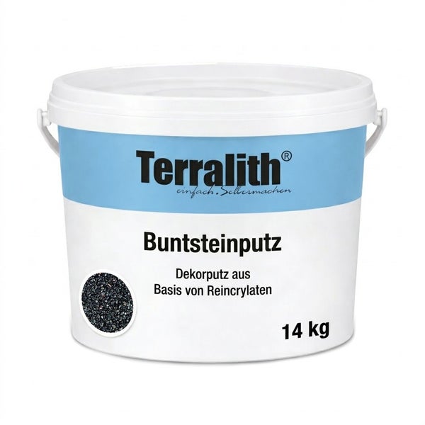 Terralith Buntsteinputz im 14 Kilogramm Eimer, Dekorputz auf Basis von Reinacrylaten, schwarze Steinoptik.