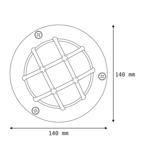 Technische Zeichnung einer runden Außenleuchte mit Gitter mit einem Durchmesser von 140 Millimeter.