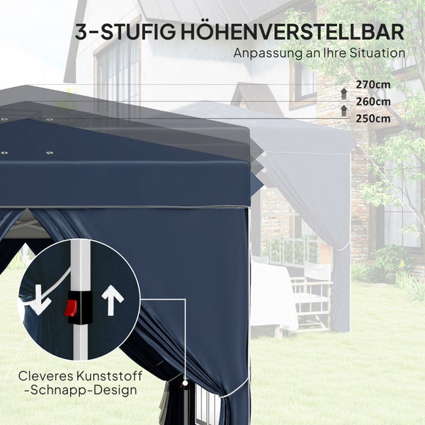Outsunny Pavillon 2,5x2,5m, wasserabweisend Stabil Winterfest Pop-up Faltpavillon, UV Schutz 50+, Faltbar Partyzelt Gartenzelt mit 4 Seitenteilen Tasche Gartenpavillon für Camping Garten, Dunkelblau