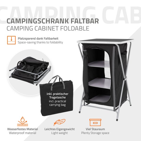ECD Germany Campingschrank faltbar, Grau-Schwarz, 60x97,5x53 cm, Campingküche mit Aluminiumgestell, Küchenbox tragbar mit Arbeitsplatte, 3 Ablagen und Tragetasche, Outdoorschrank Faltschrank aus Stoff