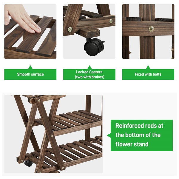 Detailansichten eines Blumenständers aus Holz mit Rollen, glatter Oberfläche, Bolzen und verstärkten Stäben