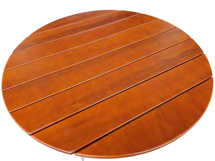 Runde Tischplatte aus Holzlatten für Gartenmöbel.