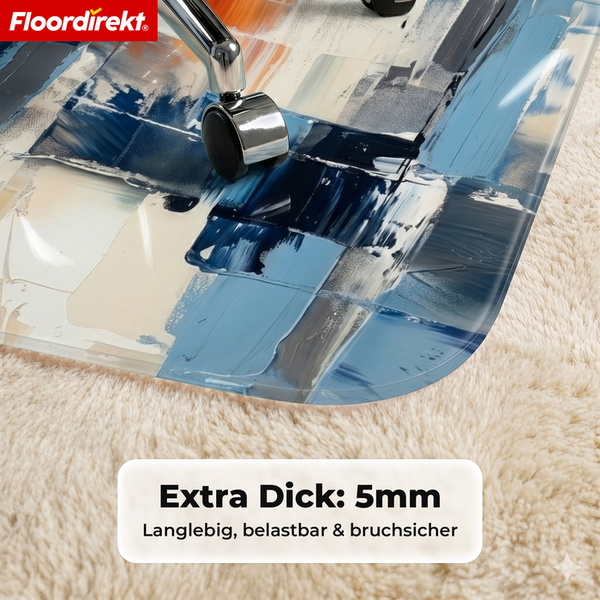 Floordirekt Bodenschutzmatte für Teppichböden mit abstraktem Muster, 5 Millimeter dick, langlebig und belastbar. Floordirekt Logo.