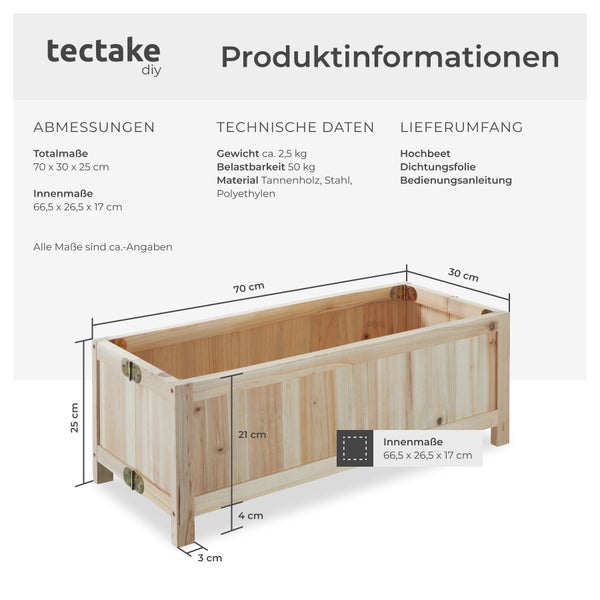 Hochbeet tectake Blomster 70 x 30 x 25 cm, Belastbarkeit 50 kg klappbar braun