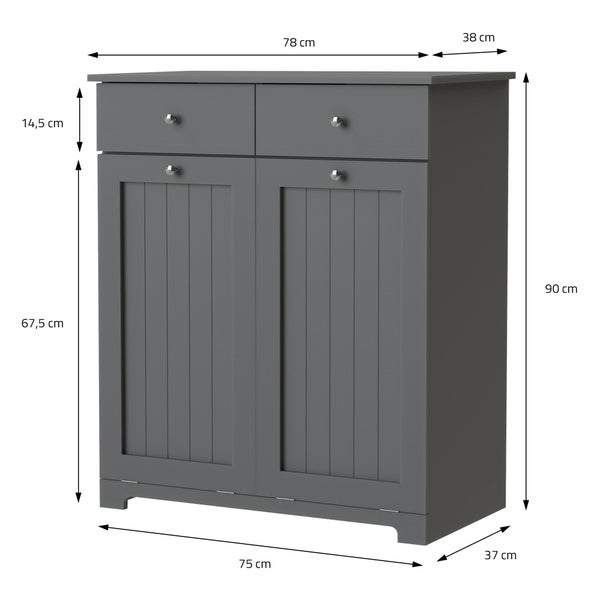 ML-Design Wäscheschrank mit 2 ausklappbaren Wäschesäcken, Grau, 75x37x90 cm, Wäschesammler mit 2 Schubladen, viel Stauraum, Wäschebox MDF, Wäschekorb Wäschetruhe Badezimmerschrank Badschrank Badmöbel