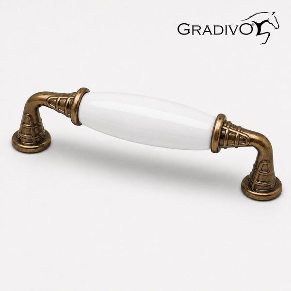 Möbelgriff GRADIVO aus Metall in Antik-Optik mit weißem Keramik-Mittelteil. Gradivo Logo.