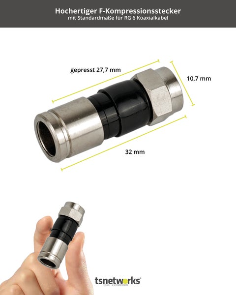 20 Stk. F Stecker für Koaxialkabel 6,8-7,4 mm, Stecker Typ F für Kompressionszange, RG 6 Antennenkabel, Koax Kompressionsstecker Sat-Kabel