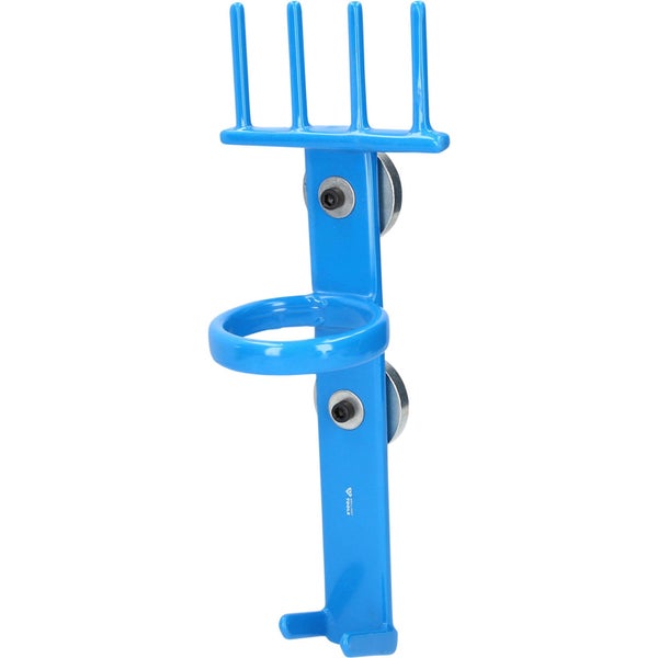 Blauer magnetischer Werkzeughalter mit vier Zinken, zwei Magneten, einem Ring und einem Haken zur Werkzeugaufbewahrung.