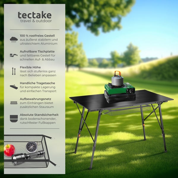 Campingtisch tectake Bastian 120 x 70,5 x 58 – 79 cm faltbar schwarz