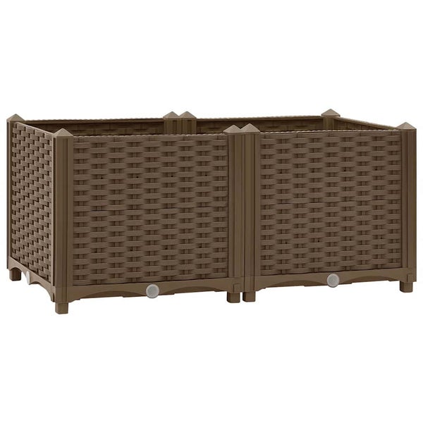Rechteckiger, brauner Pflanzkasten im Rattan-Design für den Garten oder die Terrasse.