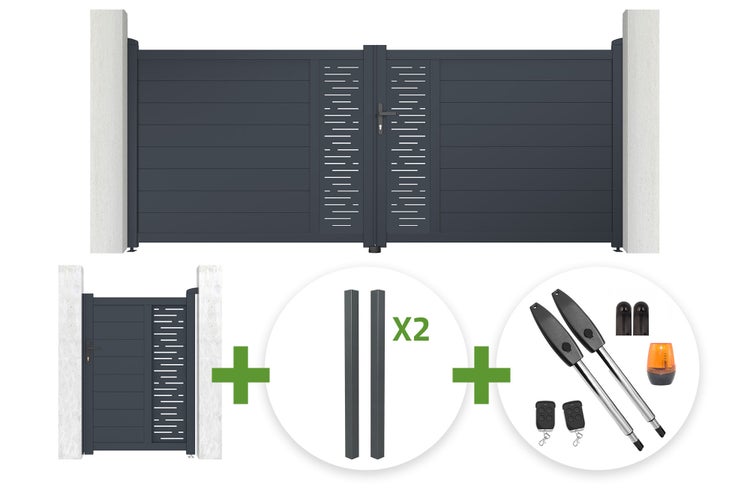 Set aus anthrazitfarbenem Aluminium-Einfahrtstor, Gartentür, zwei Pfosten und elektrischem Torantrieb.