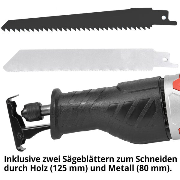 Säbelsäge mit zwei Sägeblättern zum Schneiden von Holz und Metall