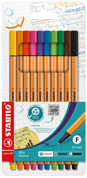 Stabilo point 88 Fineliner im 10er Set, Strichstärke null komma vier Millimeter, Siegel für biobasierten Kunststoff, Stabilo Logo.