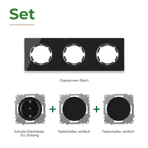 Set mit dreifachem Glasrahmen, einer Schuko Steckdose mit Erdung und zwei einfachen Tastschaltern zur Unterputz Installation.