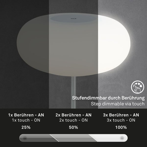 Briloner Leuchten - LED Tischlampe Akku, Dimmbar, Glas LED Tischleuchte Kabellos, Touchfunktion, 3.300K Warmweiß, Chrom-Matt, 150x160 mm (HxD)