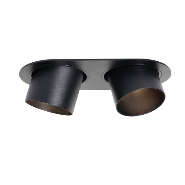 Schwarzer Deckenstrahler mit zwei verstellbaren, zylinderförmigen Köpfen aus Metall.