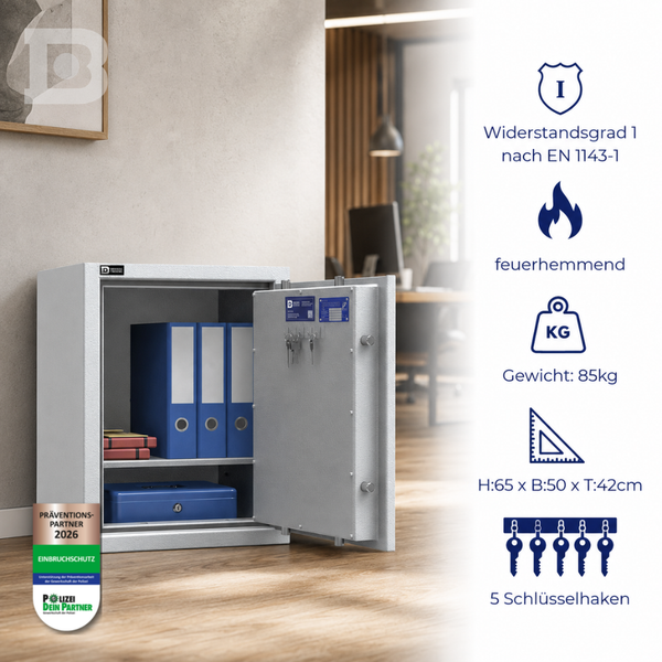 Geöffneter Dokumententresor mit Ordnern, Widerstandsgrad 1, feuerhemmend, 85 Kilogramm, 5 Schlüsselhaken, Siegel für Einbruchschutz.