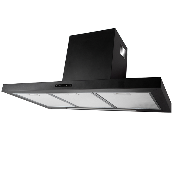 Schwarze Wandhaube, Dunstabzugshaube mit Kamin und drei Metallfettfiltern.